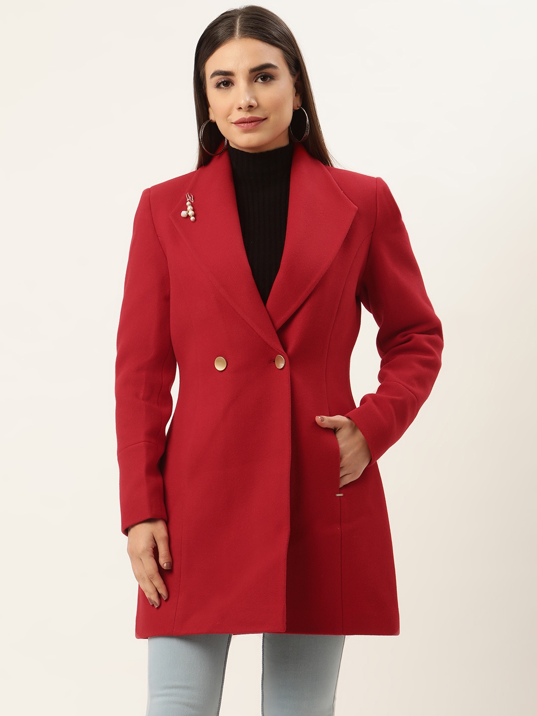 

Okane Women Red Solid Wool Longline Overcoat