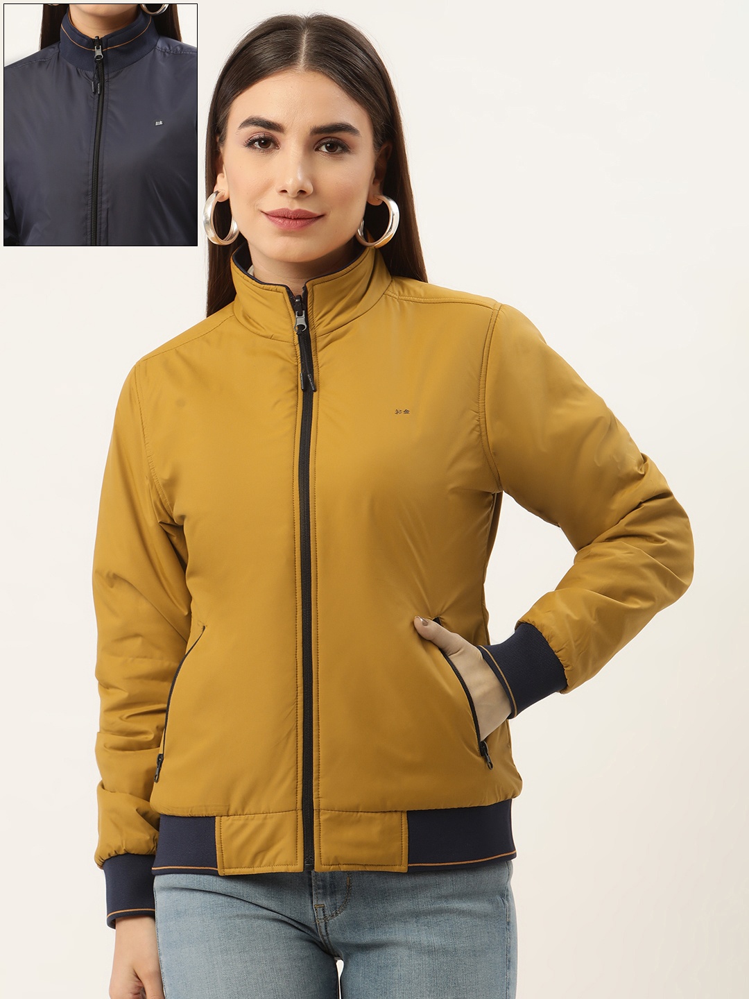 

Okane Women Mustard Yellow & Navy Blue Solid Reversible Padded Jacket