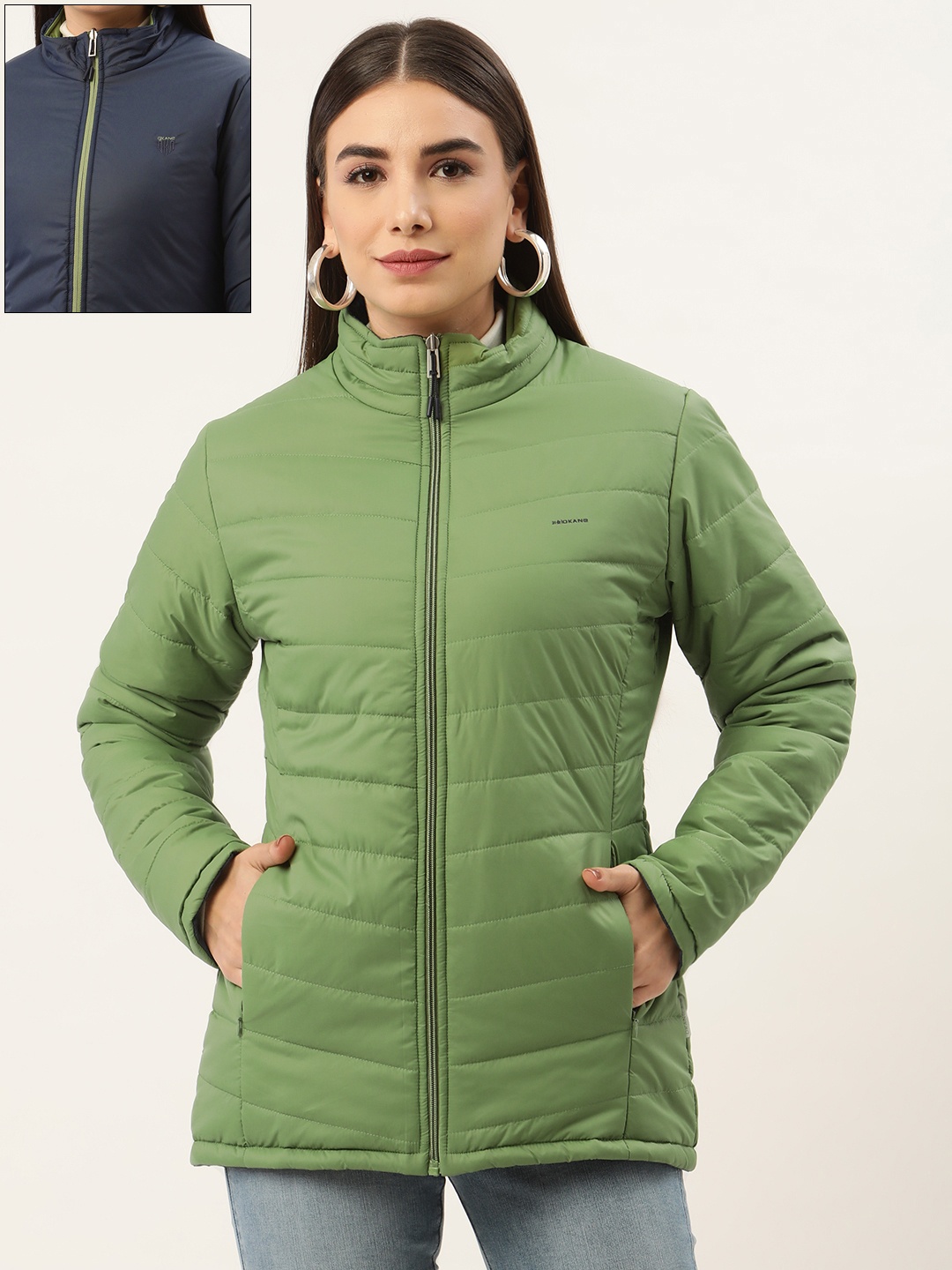 

Okane Women Olive Green & Navy Blue Reversible Padded Jacket