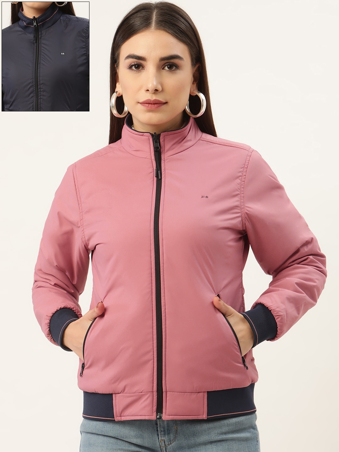

Okane Women Dusty Pink & Navy Blue Reversible Bomber Jacket, Rose