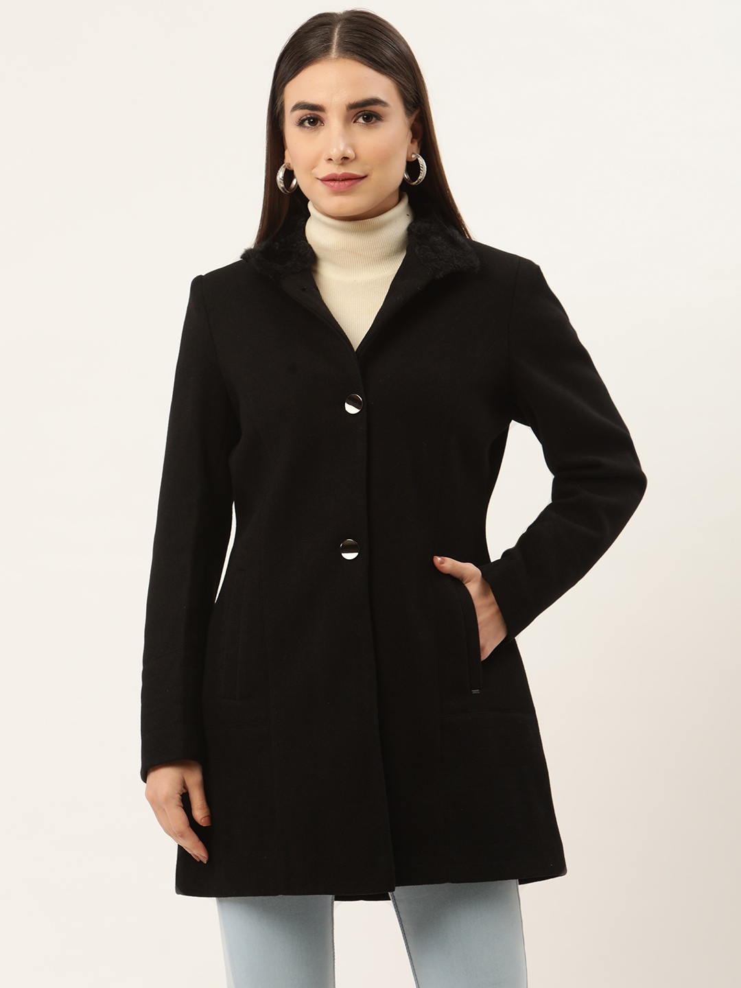 

Okane Women Black Solid Wool Longline Overcoat