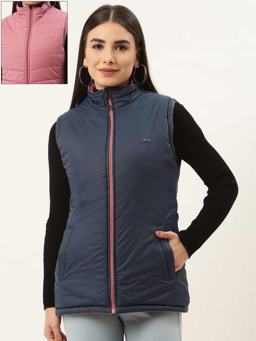 

Okane Women Navy Blue & Dusty Pink Reversible Padded Jacket