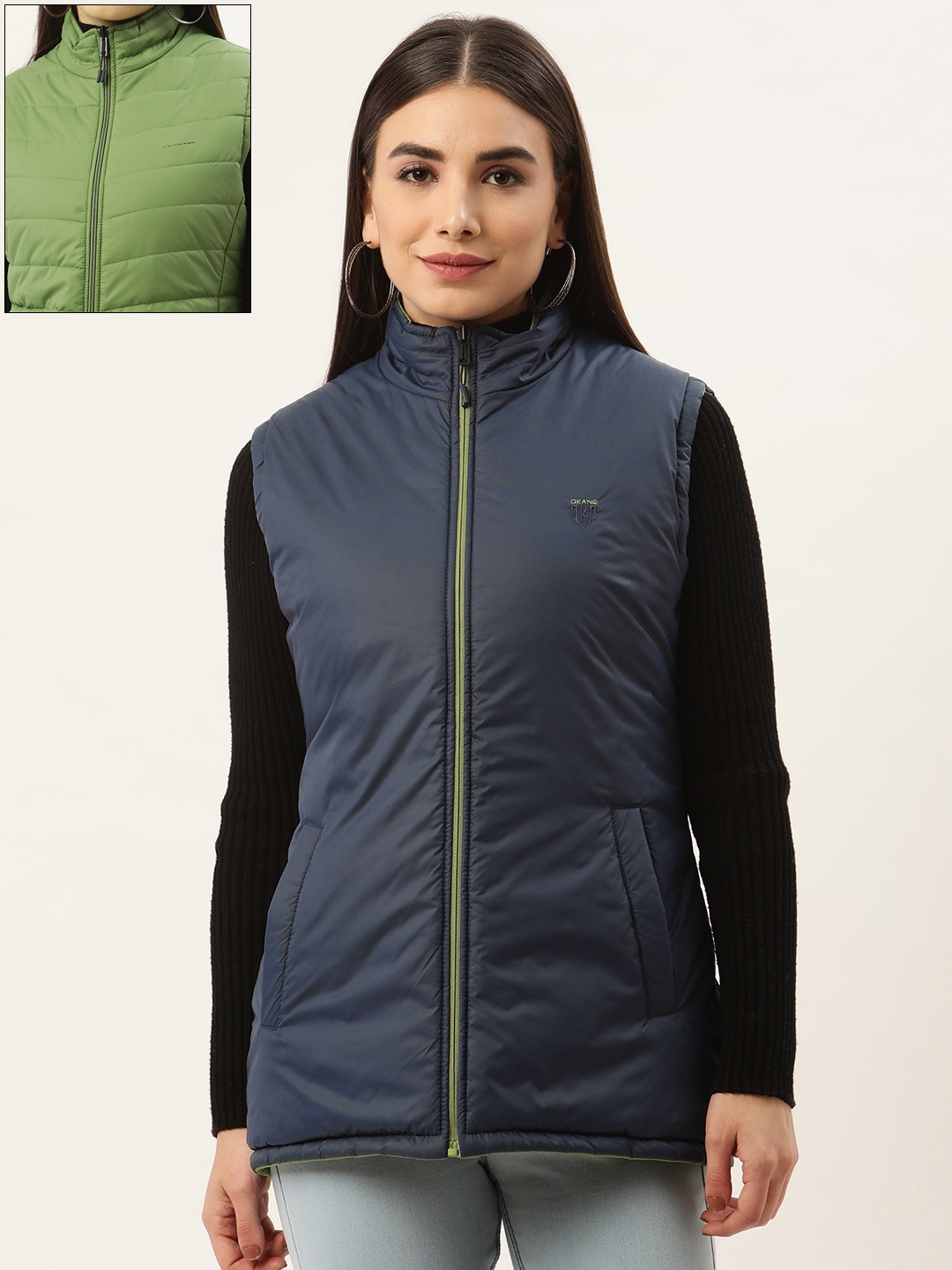

Okane Women Navy Blue & Olive Green Reversible Padded Jacket