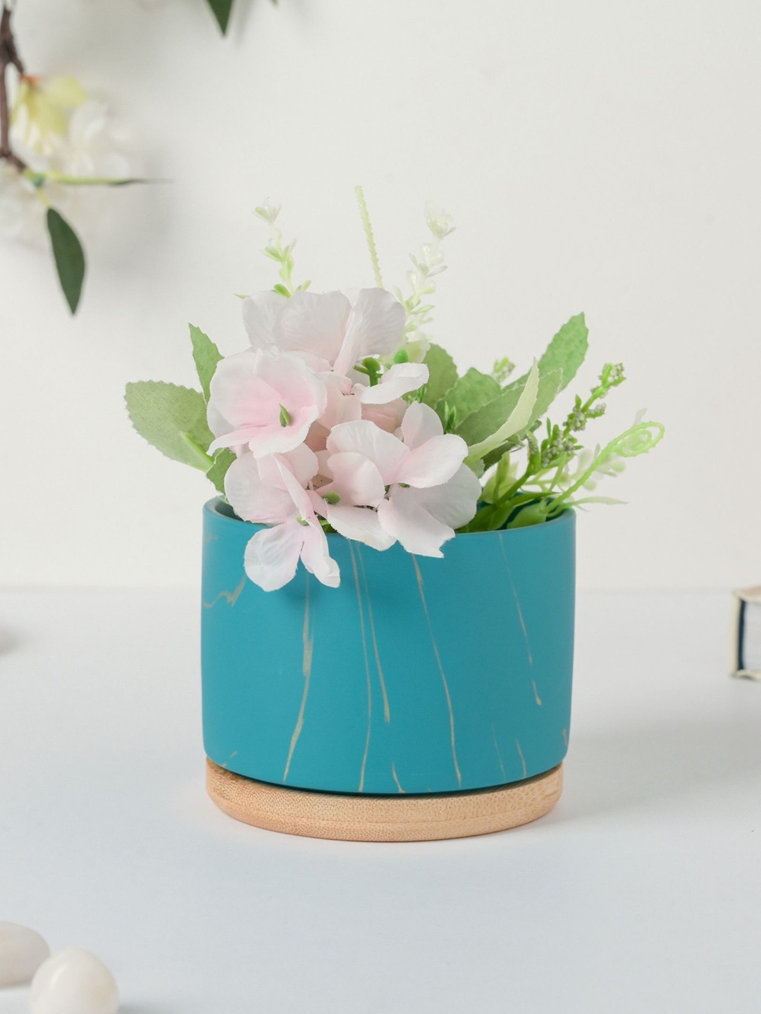 

Nestasia Blue Textured Ceramic Planter With Wooden Coaster