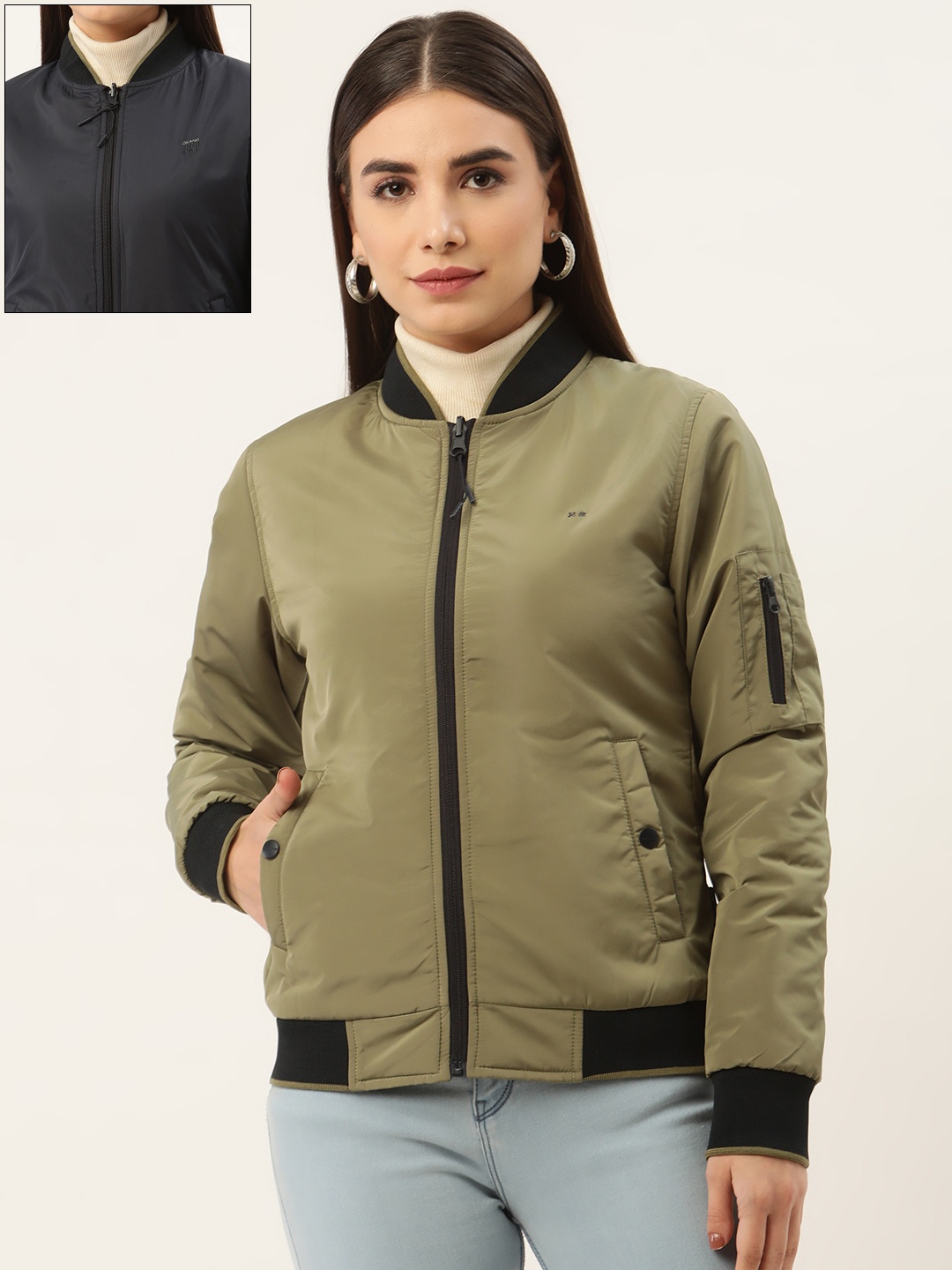 

Okane Women Olive Green Navy Blue Reversible Bomber Jacket