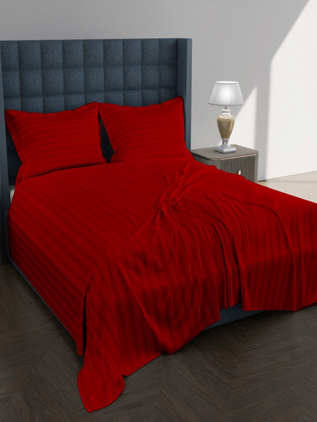 

AVI Striped 250 TC Egyptian Cotton King Bedsheet with 2 Pillow Covers, Red