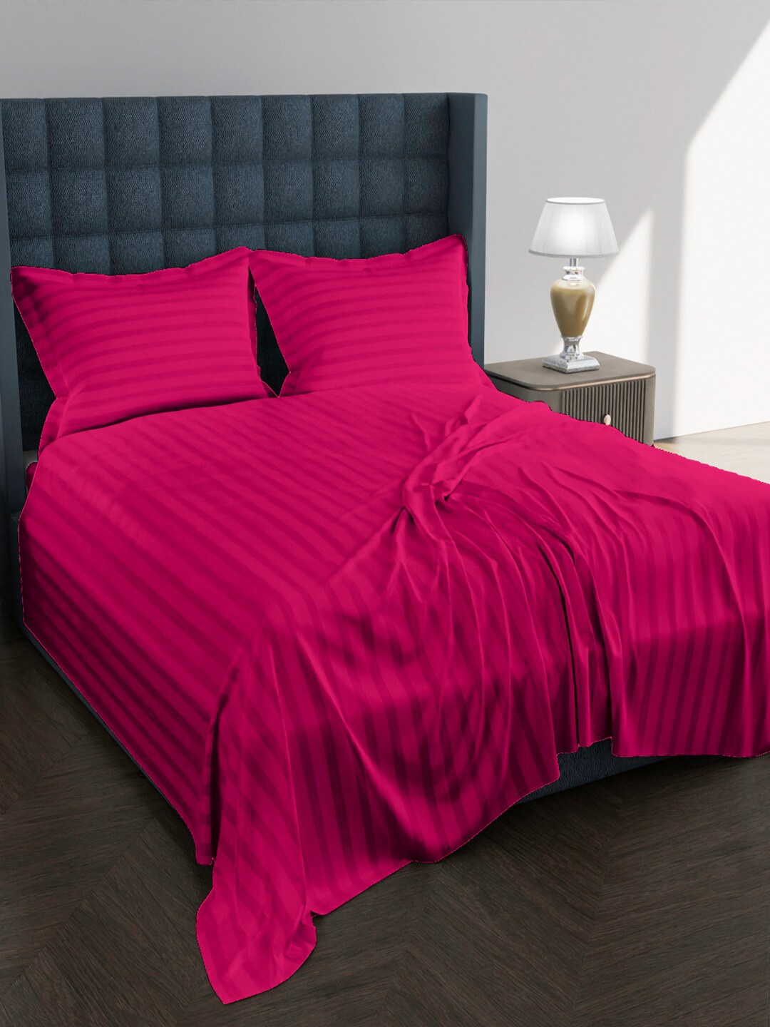 

AVI Striped 250 TC Egyptian Cotton King Bedsheet with 2 Pillow Covers, Pink