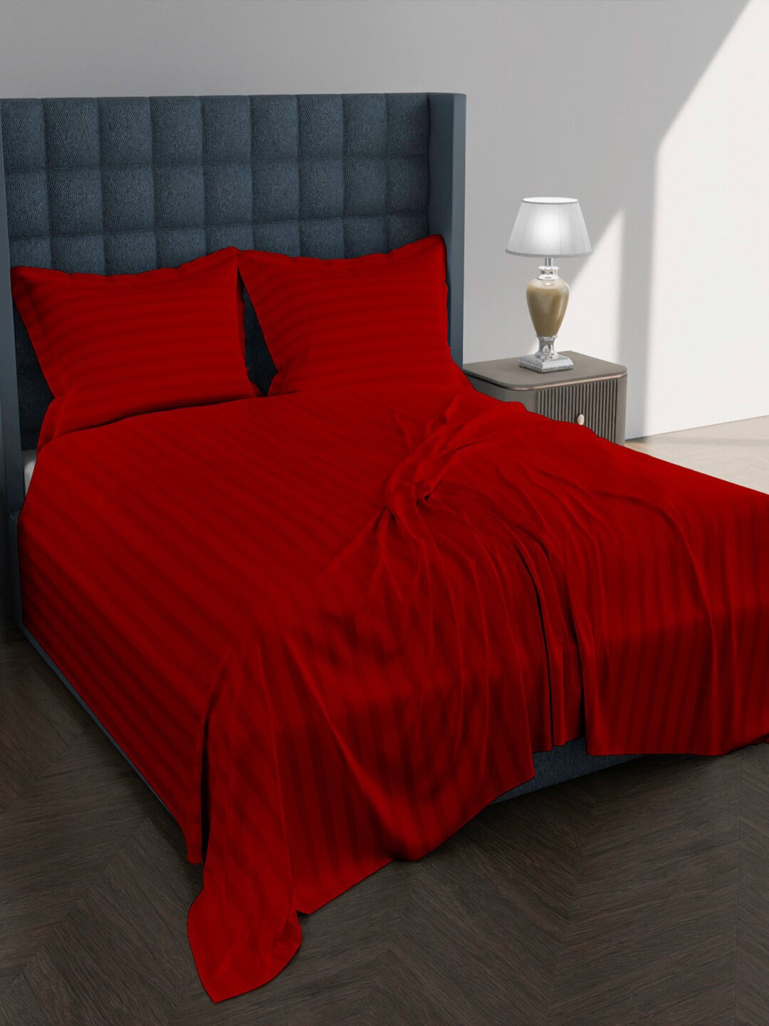

AVI Striped 250 TC Egyptian Cotton King Bedsheet with 2 Pillow Covers, Red