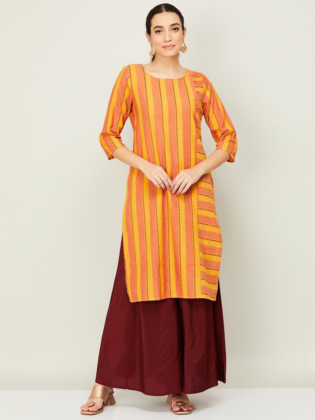 

Melange by Lifestyle Women Yellow & Pink Striped Kurta