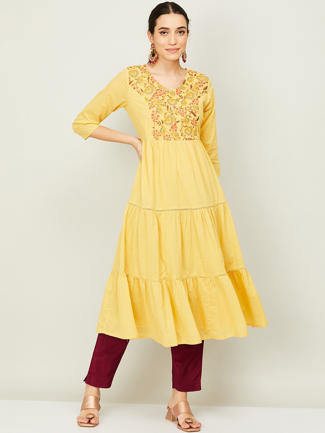 

Melange by Lifestyle Women Yellow Embroidered Thread Work Anarkali Kurta