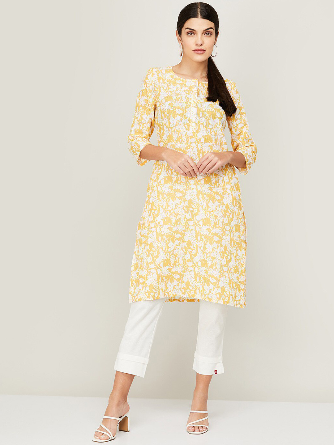 

Melange by Lifestyle Women Yellow Floral Checked Keyhole Neck Cold-Shoulder Sleeves Chikankari Kurta