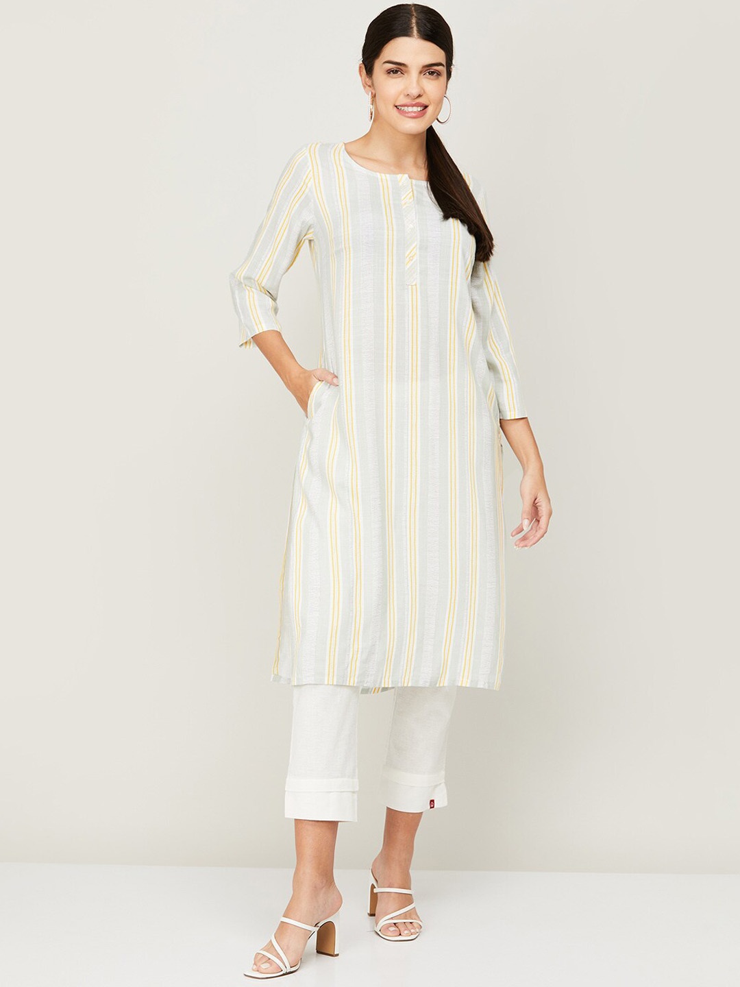 

Melange by Lifestyle Women White Striped Cold-Shoulder Sleeves Gotta Patti Kurta