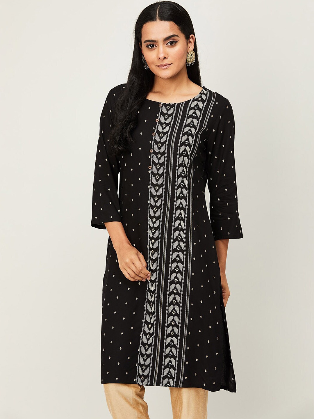 

Melange by Lifestyle Women Black & White Geometric Print Straight Kurta
