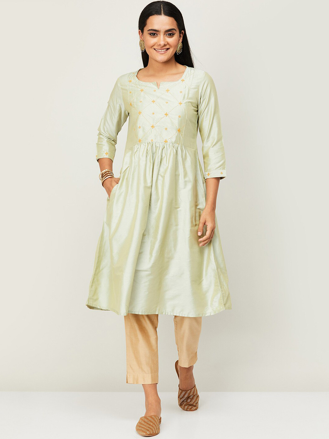 

Melange by Lifestyle Women Green Yoke Design A-Line Kurta