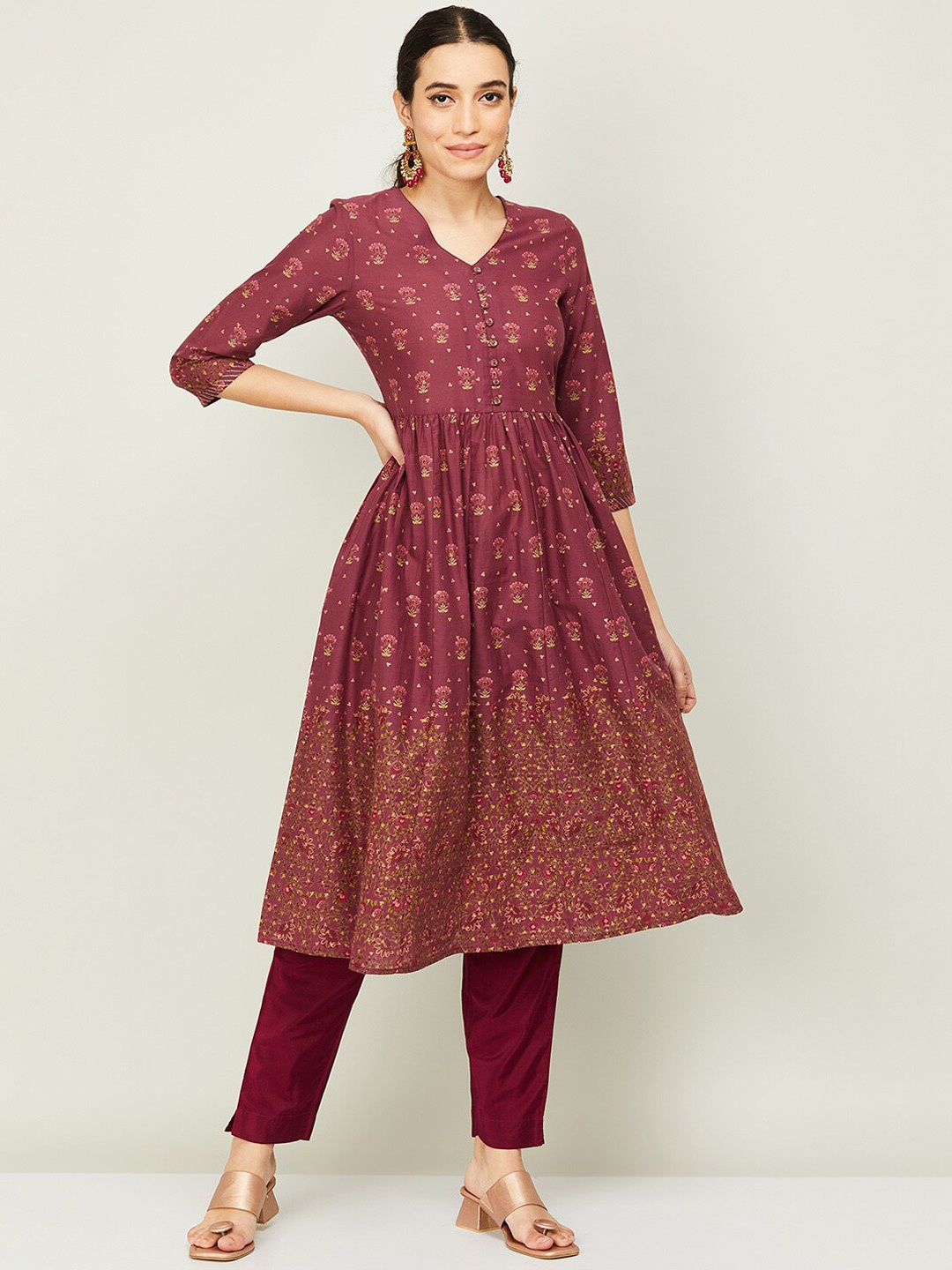 

Melange by Lifestyle Women Red Ethnic Motifs Printed Thread Work Anarkali Kurta
