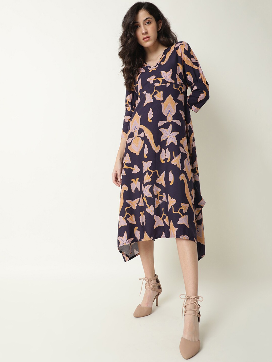 

RAREISM Navy Blue Floral A-Line Midi Dress