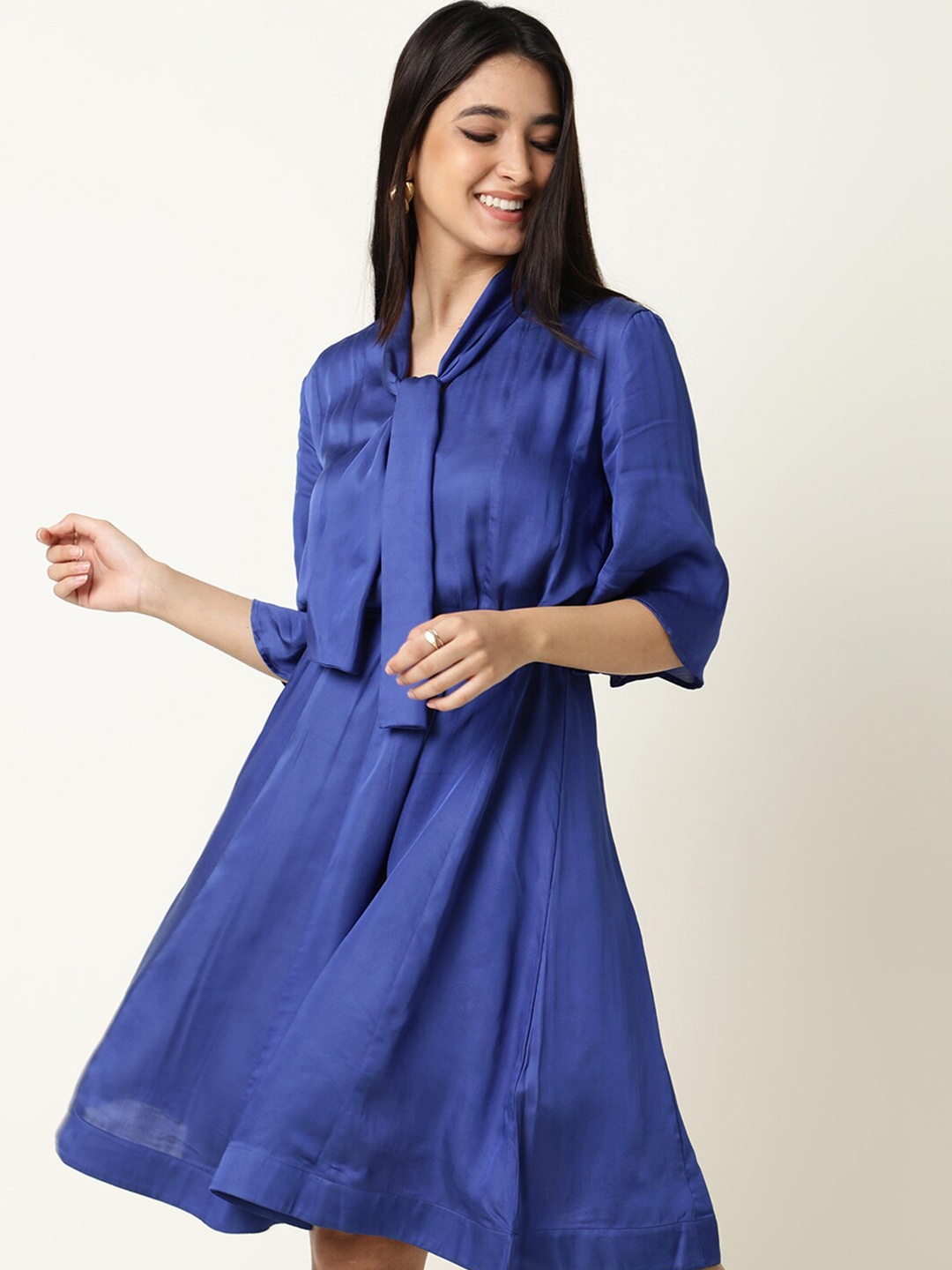 

RAREISM Blue Tie-Up Neck Shirt Dress