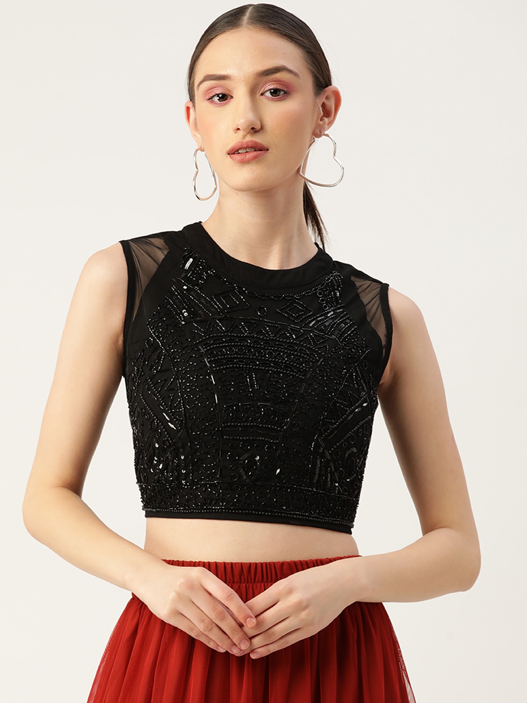 

Antheaa Black Embellished Velvet Crop Top