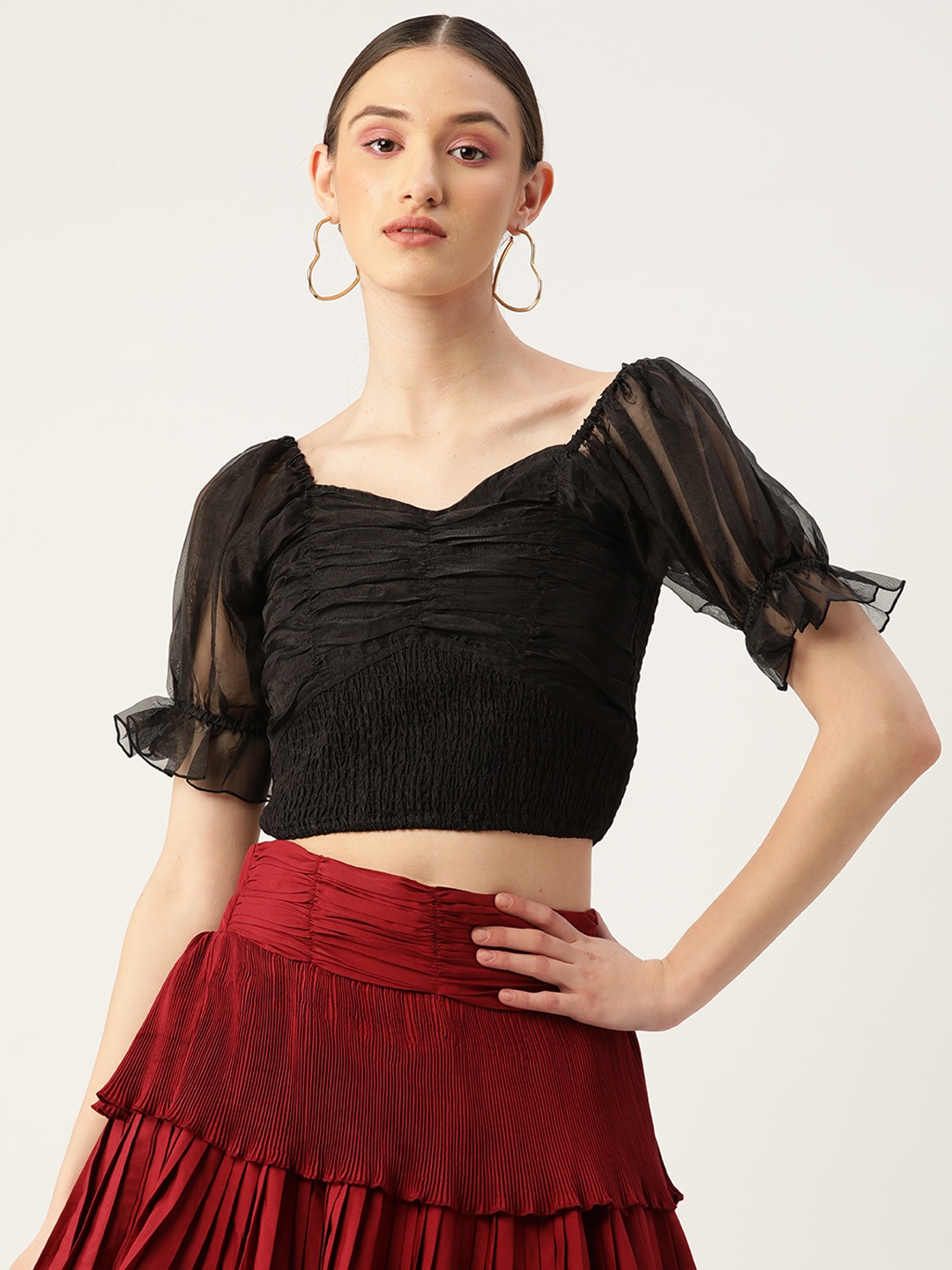

Antheaa Black Solid Smocked Net Crop Top