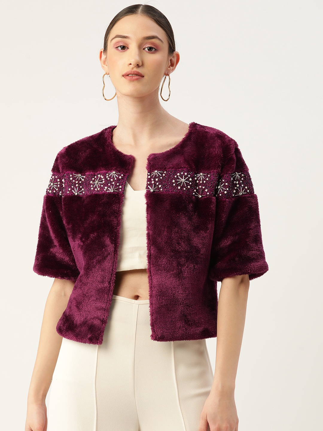 

Antheaa Women Burgundy Embellished Faux Fur Trim Open Front Jacket
