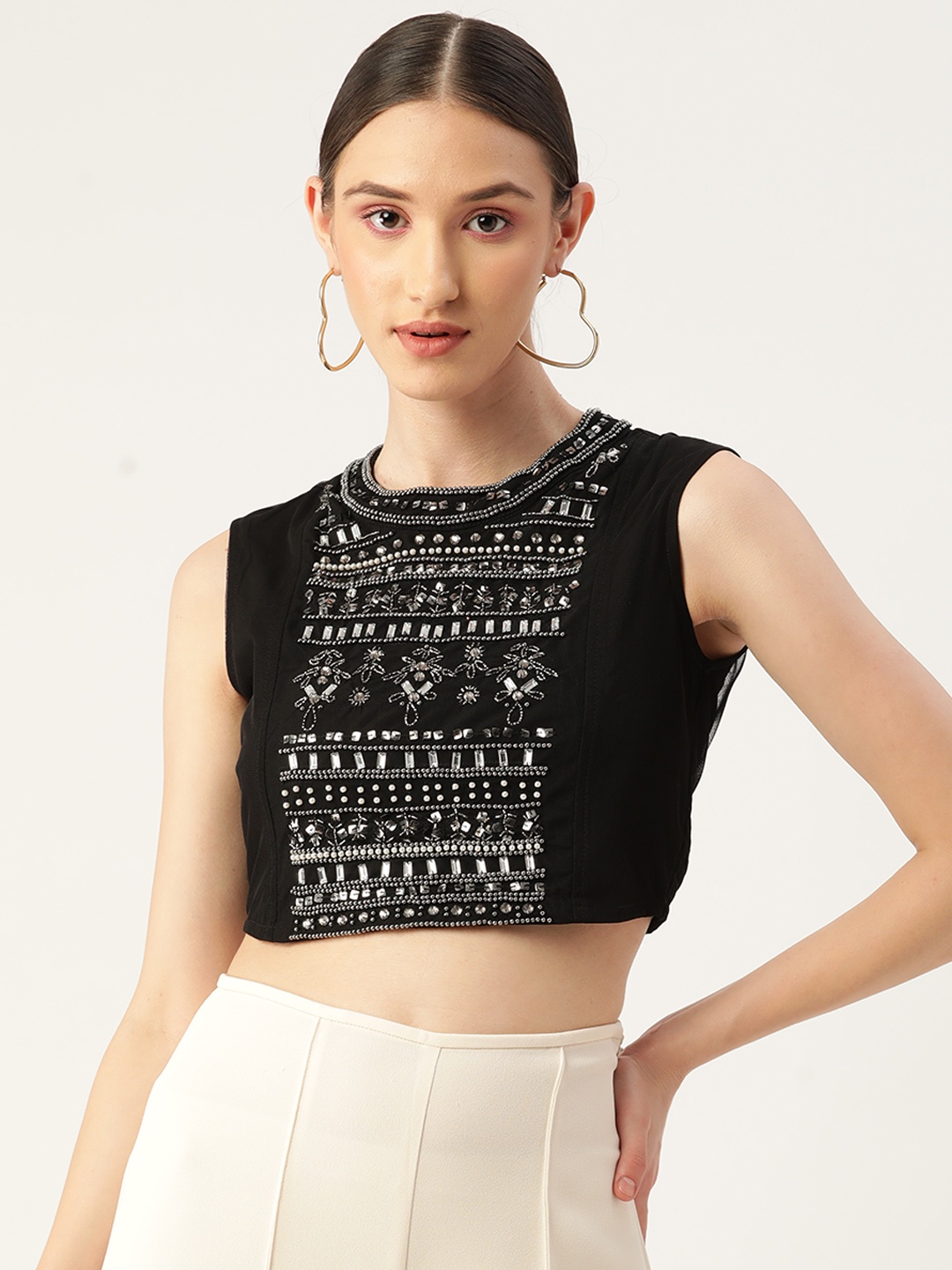 

Antheaa Black Embellished Crop Top
