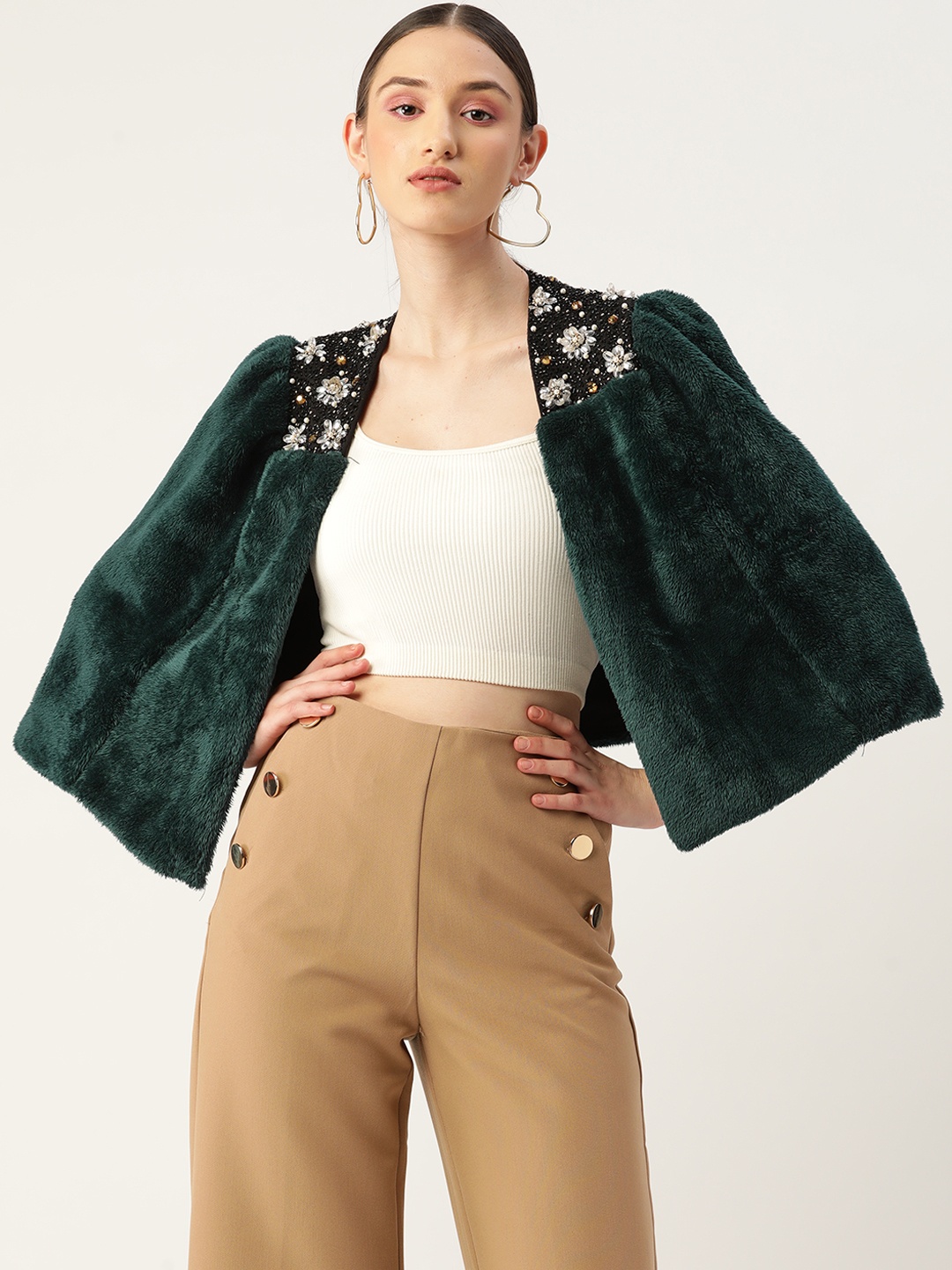 

Antheaa Women Teal Green Embellished Faux Fur Trim Cape Jacket