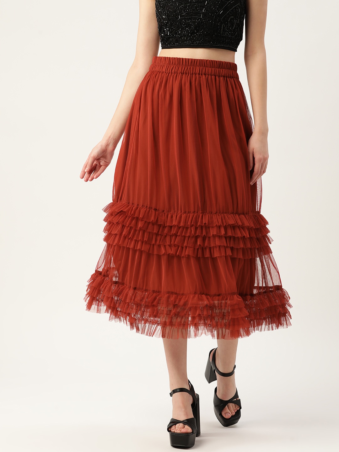 

Antheaa Women Rust Red Solid Frill Midi A-Line Skirt