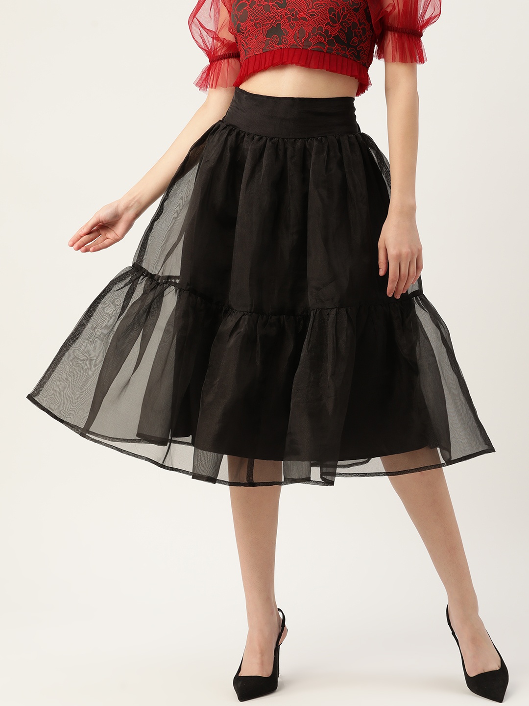 

Antheaa Women Black Solid Organza Frilled A-Line Midi Skirt