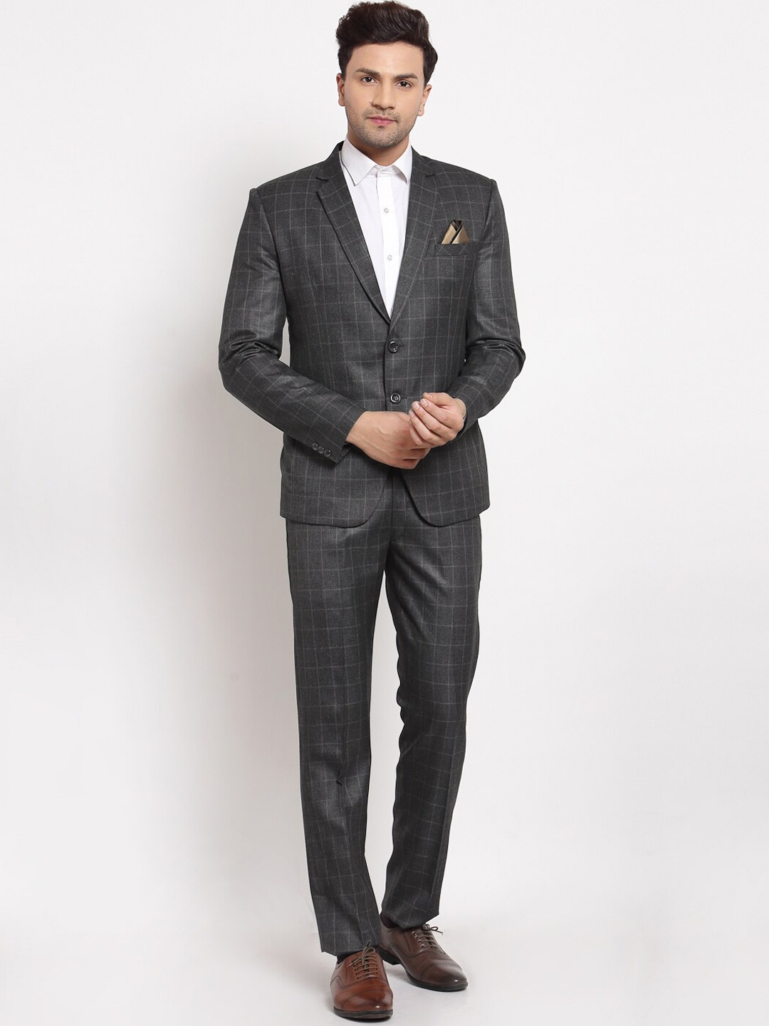 

KLOTTHE Men Checked Single-Breasted Slim-Fit 2-Piece Party Suit, Grey