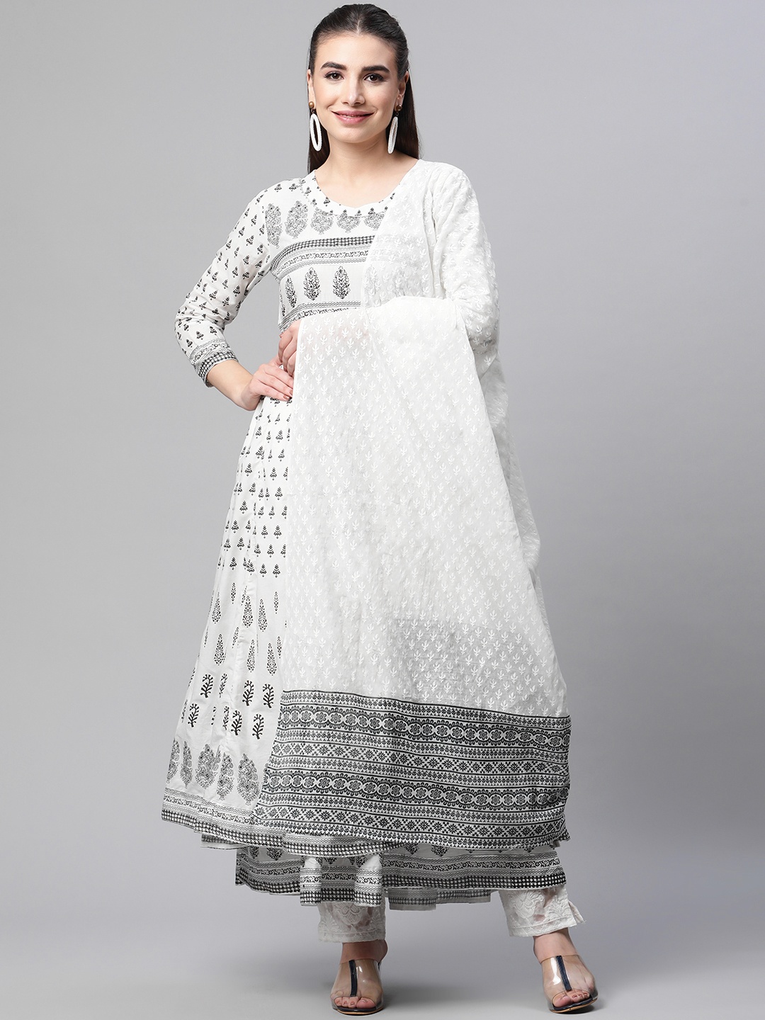 

Mishpra Women Off White & Grey Ethnic Motifs Printed Anarkali Kurta with Dupatta
