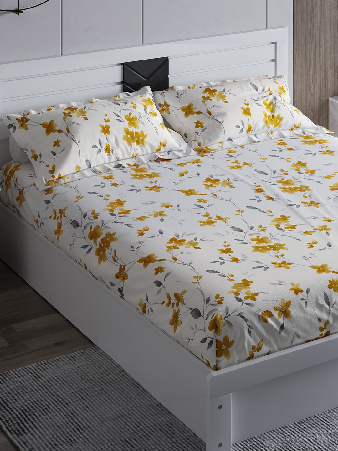 

Home Centre Floral 210 TC Cotton Queen Bedsheet with 2 Pillow Covers, Yellow