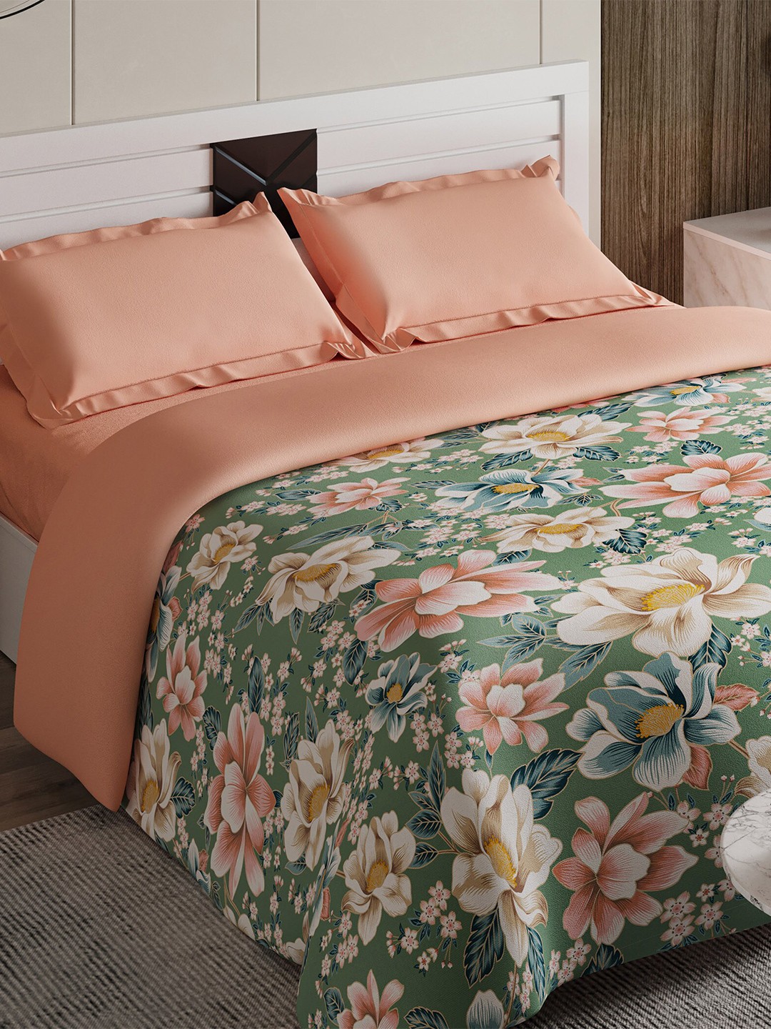 

Home Centre Floral 210 TC Queen Bedsheet with 2 Pillow Covers, Peach