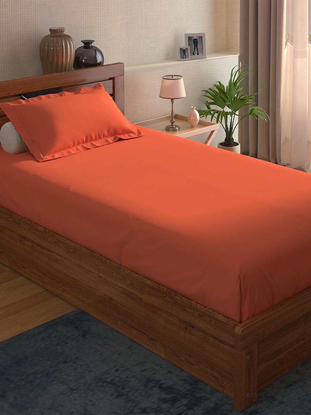 

Home Centre Solid 210 TC Single Bedsheet with 1 Pillow Cover, Orange