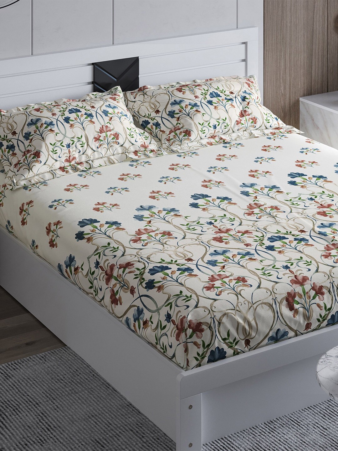 

Home Centre Floral 210 TC Queen Bedsheet with 2 Pillow Covers, Beige