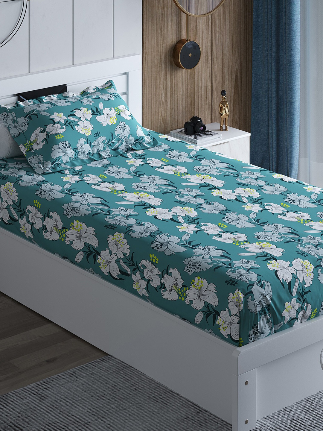 

Home Centre Floral 210 TC Single Bedsheet with 1 Pillow Cover, Blue