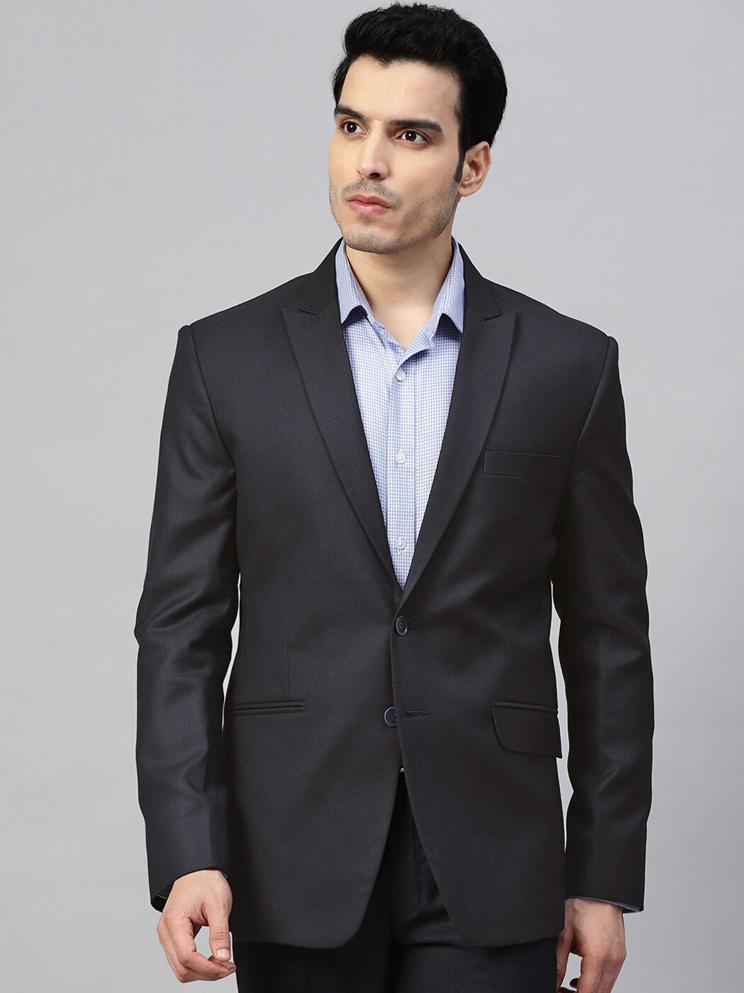

MANQ Men Navy Blue Self-Design Slim-Fit Single-Breasted Blazer