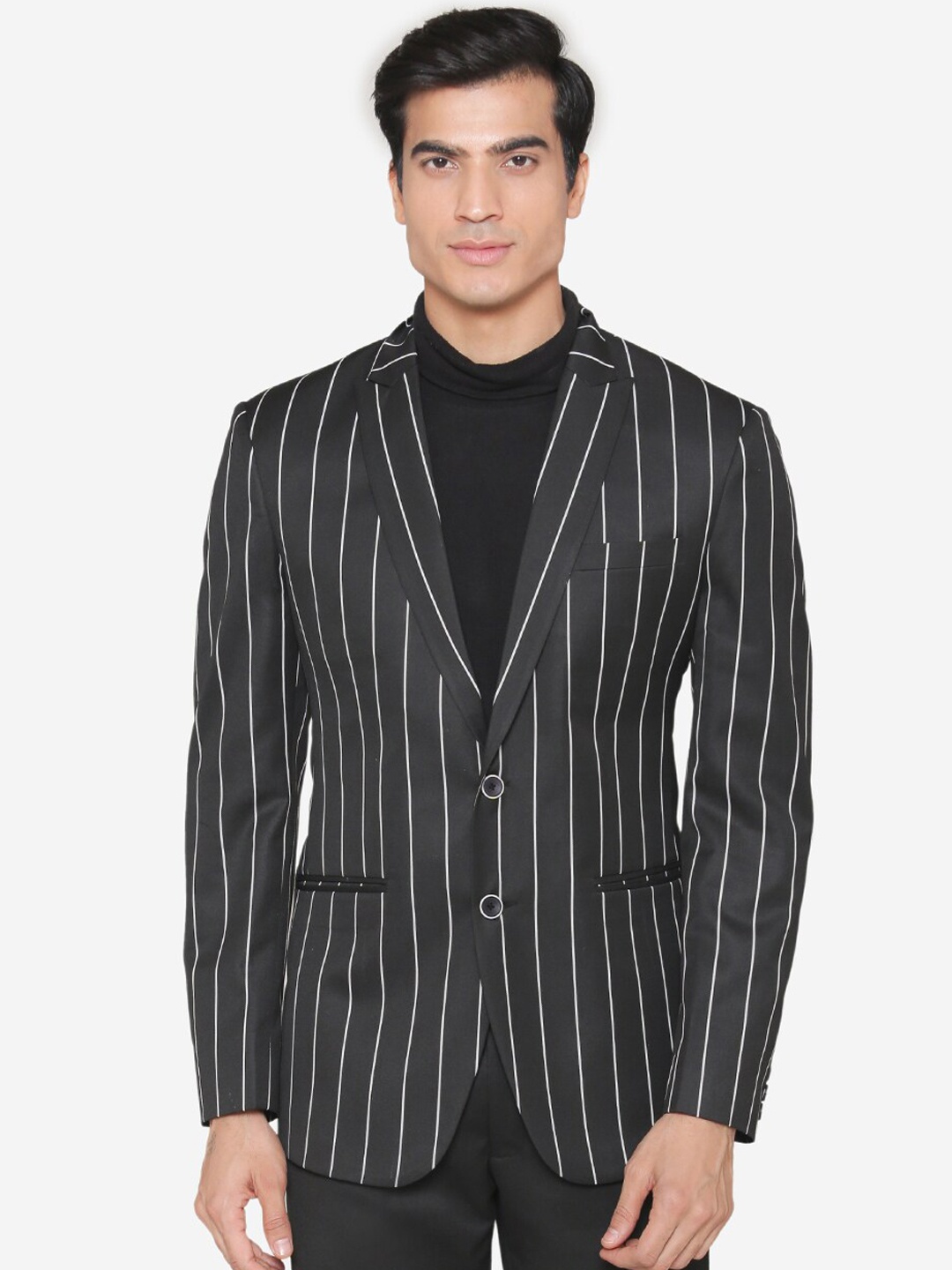 

MANQ Men Striped Single-Breasted Slim Fit Formal Blazer, Black