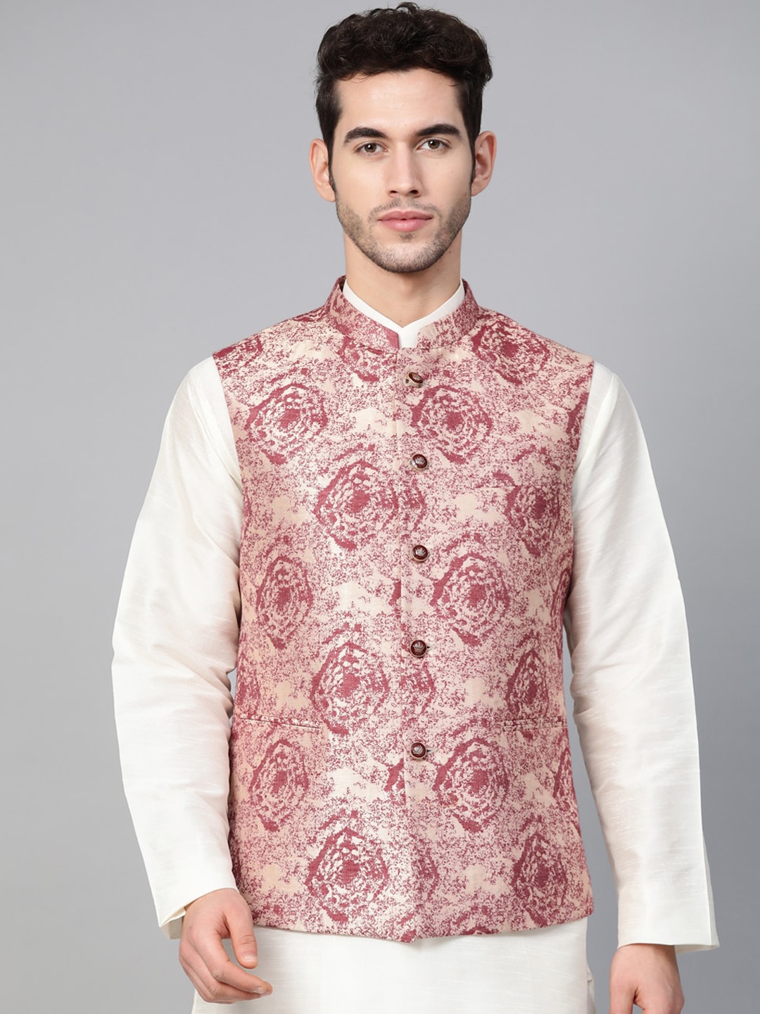 

MANQ Men Woven-Design Jaquard Silk Nehru Jacket, Maroon