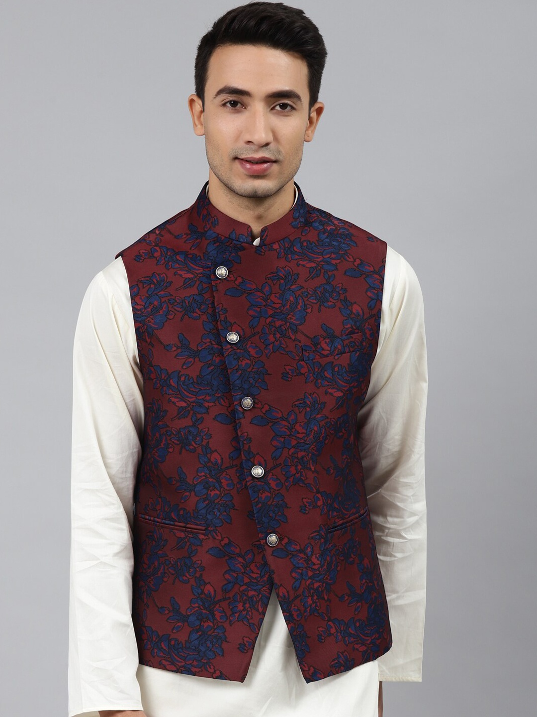 

MANQ Men Woven-Design Jaquard Silk Nehru Jacket, Maroon