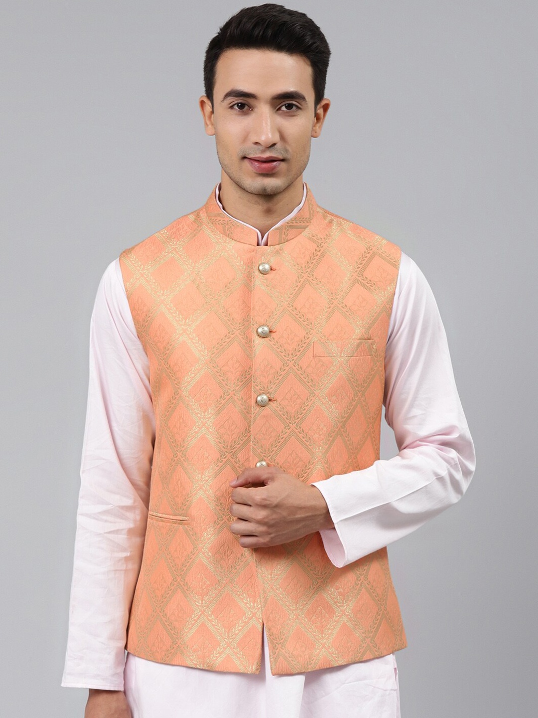 

MANQ Men Woven-Design Jaquard Silk Nehru Jacket, Peach