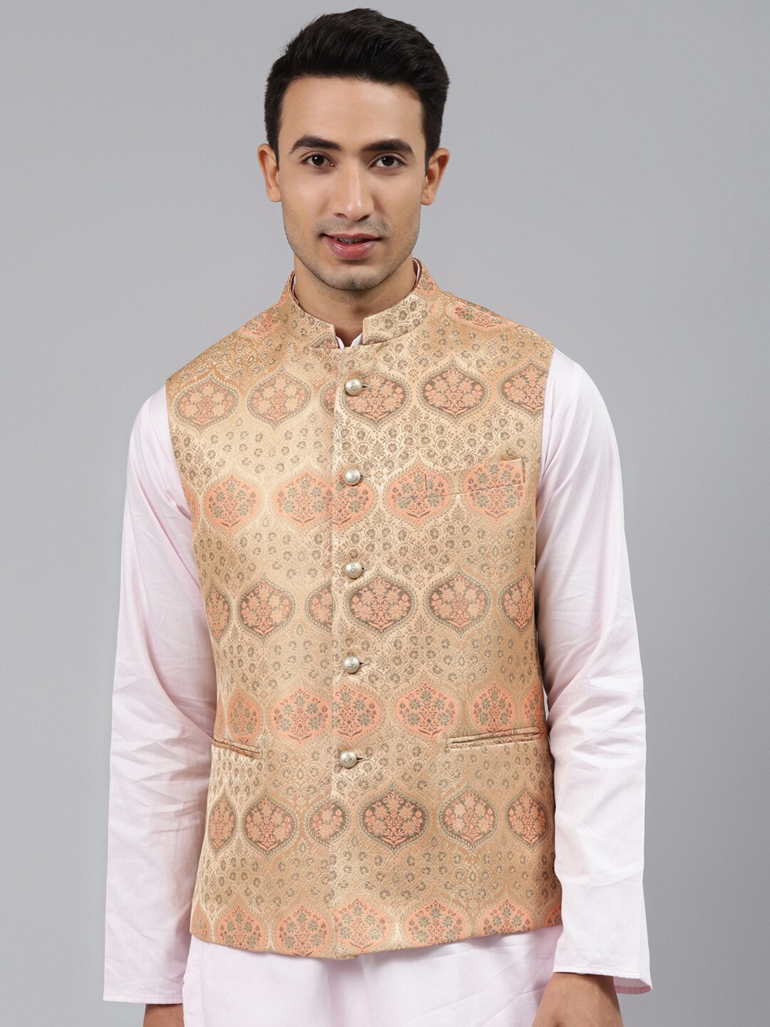 

MANQ Men Woven Jaquard Silk Nehru Jacket, Peach