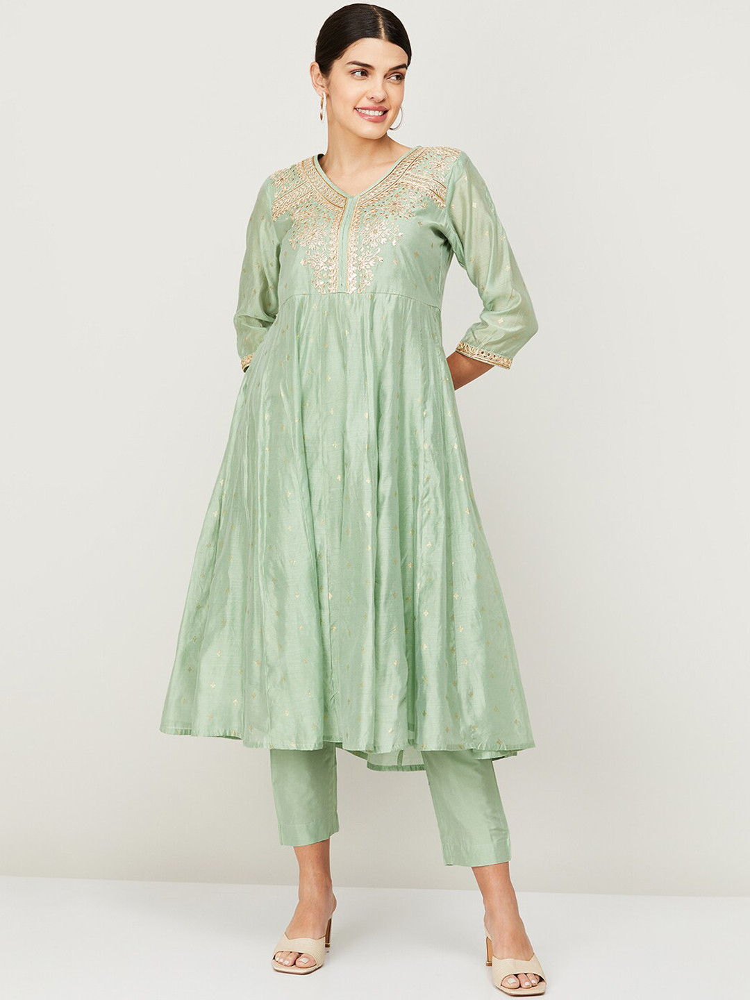 

Melange by Lifestyle Women Green Embroidered Anarkali Kurta with Trousers & With Dupatta