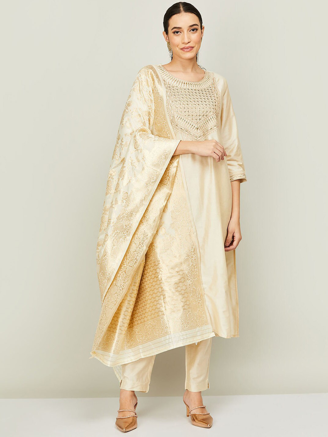 

Melange by Lifestyle Women Off White Ethnic Motifs Embroidered Kurta with Trousers & With Dupatta