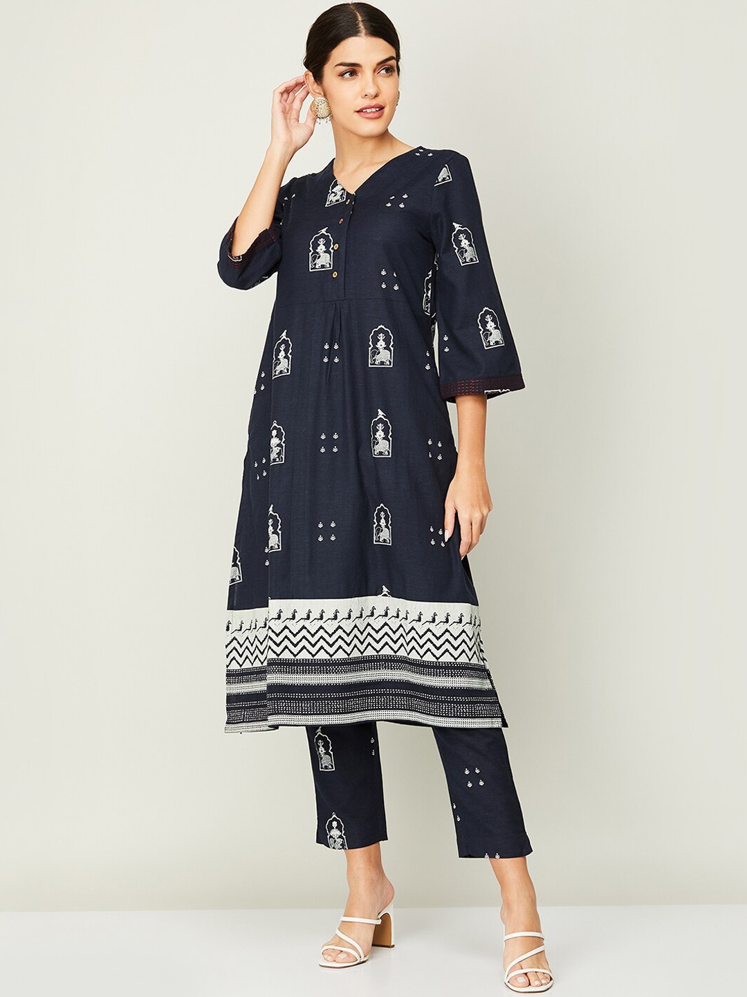

Melange by Lifestyle Women Blue Printed Kurta with Trousers