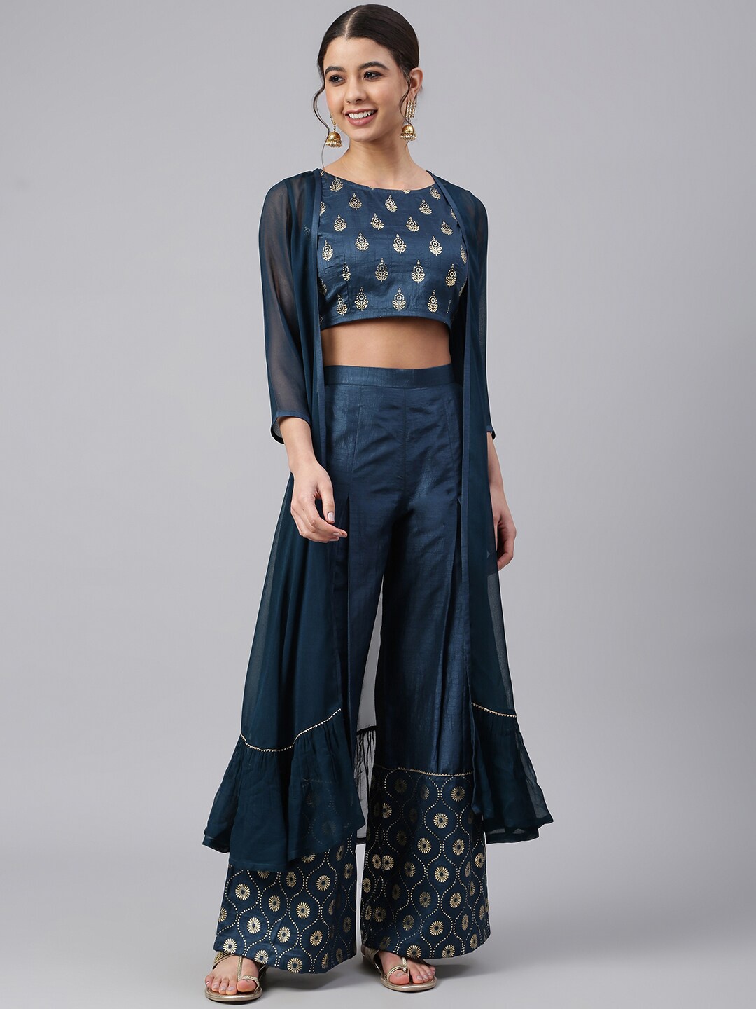 

Janasya Women Foil Printed Silk Blend Crop Top with Palazzos and Jacket, Blue