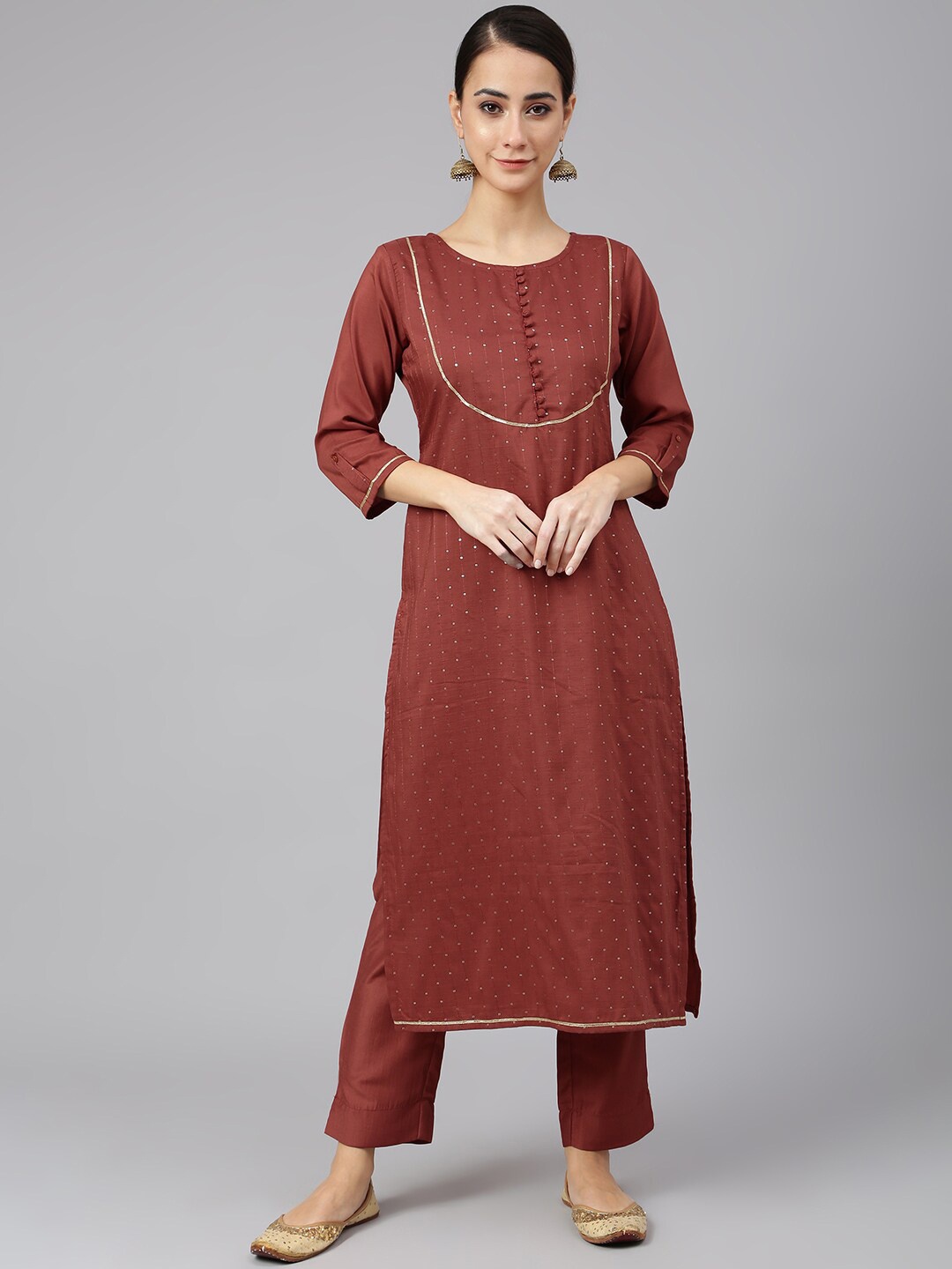 

Janasya Women Rust Poly Silk Sequined Kurta with Pant