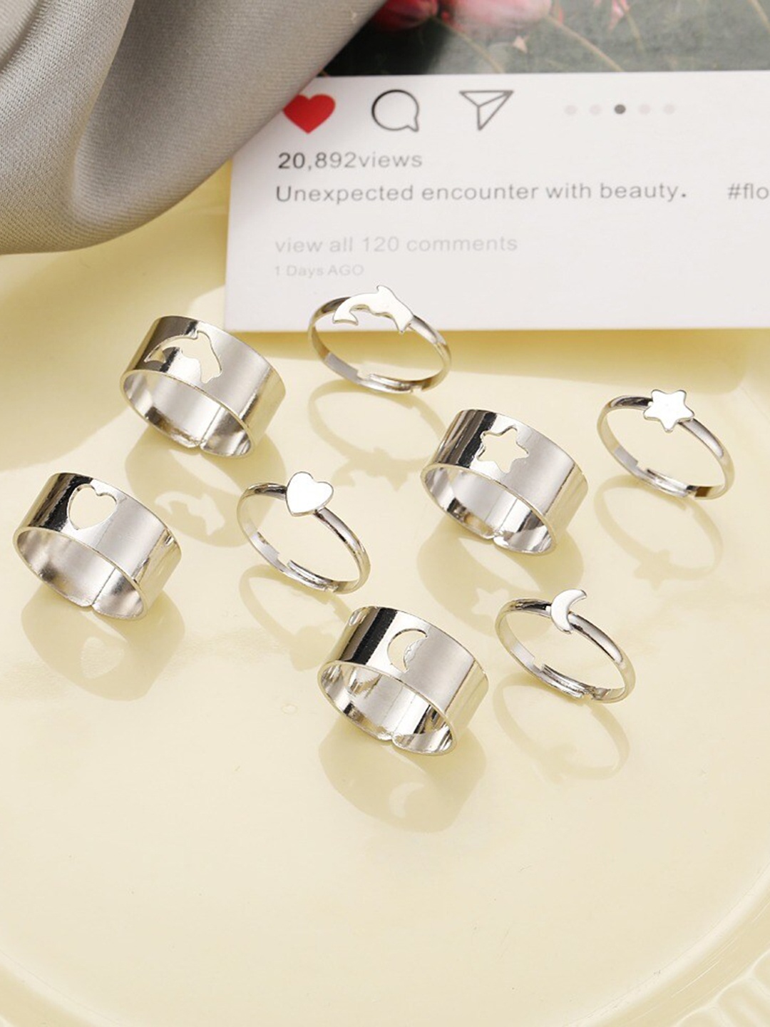 

Pinapes Set Of 8 Silver-Plated Dol Moon Love Star Adjustable Finger Rings