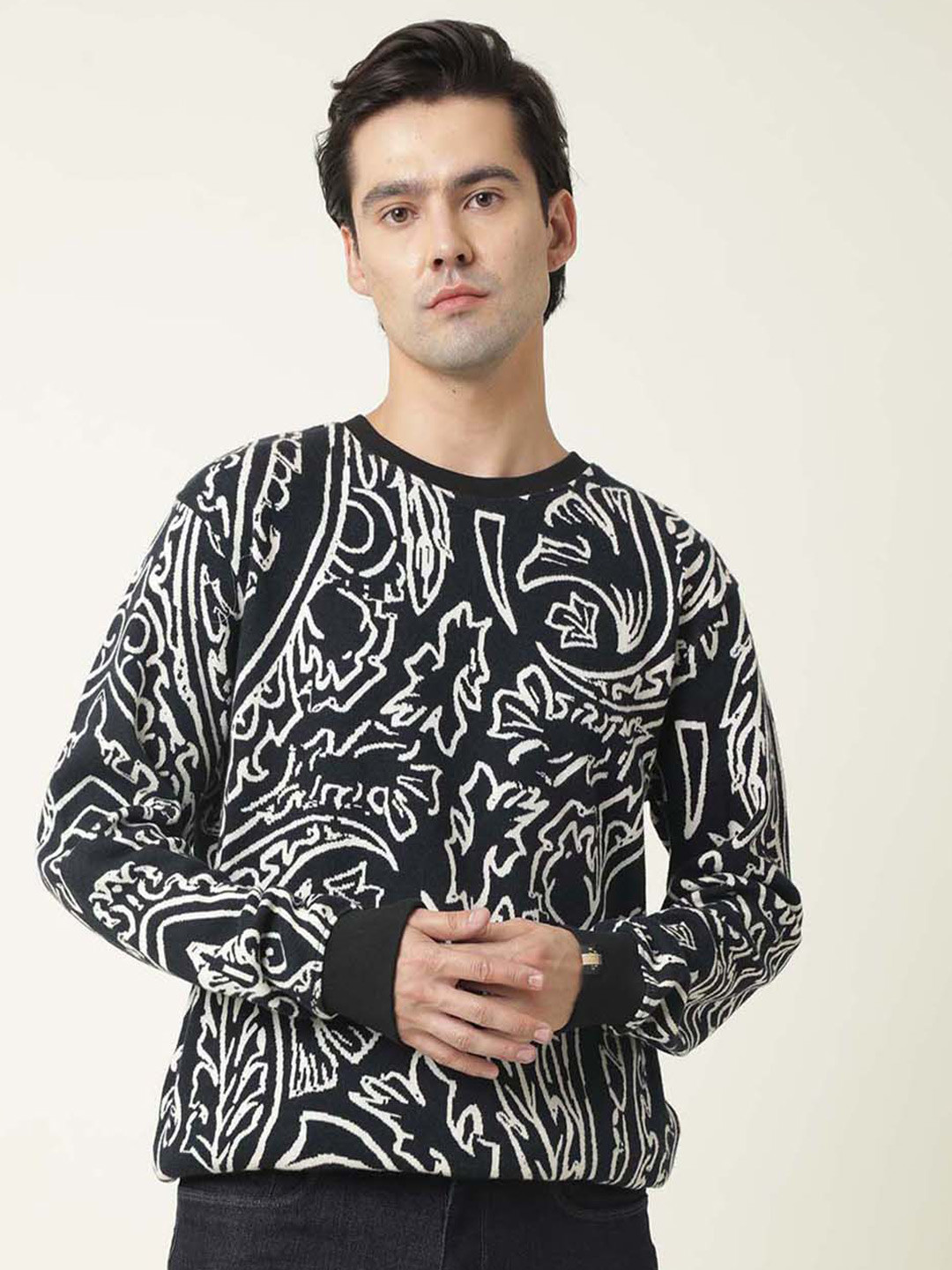 

RARE RABBIT Men Paolo Slim Fit Printed Sweatshirt, Navy blue