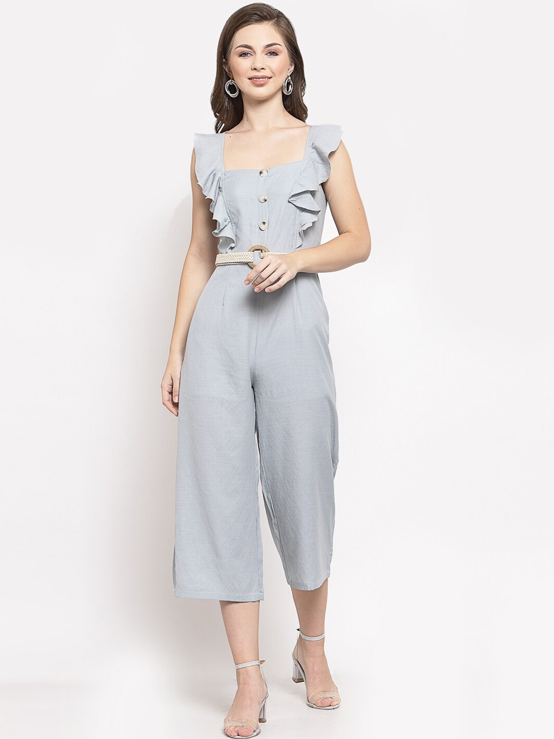 

Mafadeny Grey Basic Jumpsuit with Ruffles