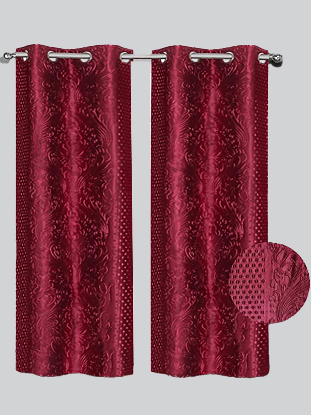 

RAASO Maroon Embossed Damask Solid Blackout Door Curtains 7 Feet- Set of 2